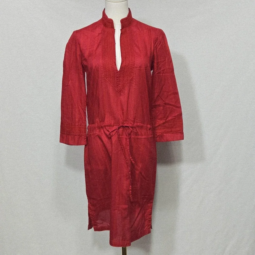 Tory Burch Dress Womens 2 Red Geometric Print Tunic Split Neck Waist Tie Boho‎